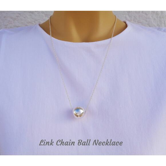 Sterling Silver Ball Necklace, Solid 925 Silver, Cable Link Chain, Long Chain - Picture 4 of 4